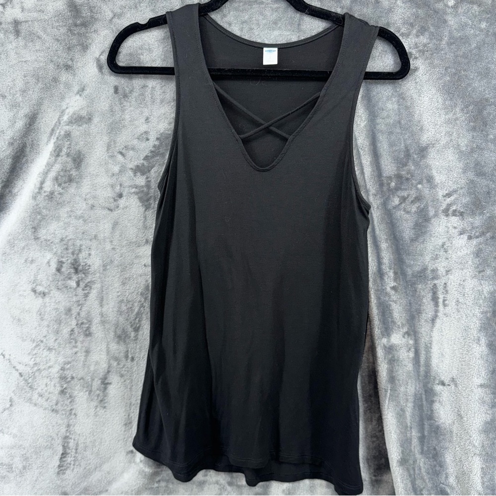 Y2K Old Navy Criss Cross V Neck Black Long Tank Top Shirt Size Small